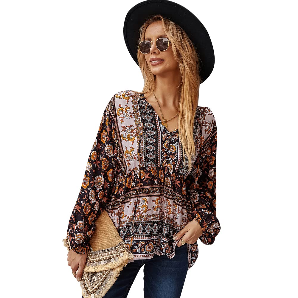 Women's Casual Boho V Neck Loose Tops Floral Print Long